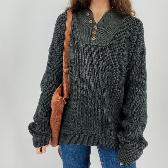 SOLD vtg oversized henley slouchy knit sweater in heathered forest green size L - Picture 5 of 7